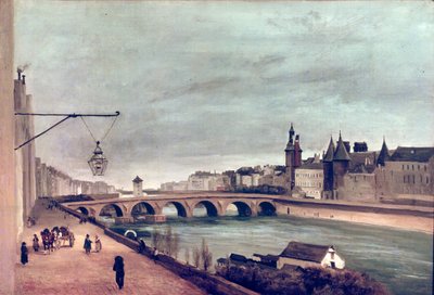 Uitzicht op de Pont au Change vanaf Quai de Gesvres, zomer 1830 door Jean Baptiste Camille Corot